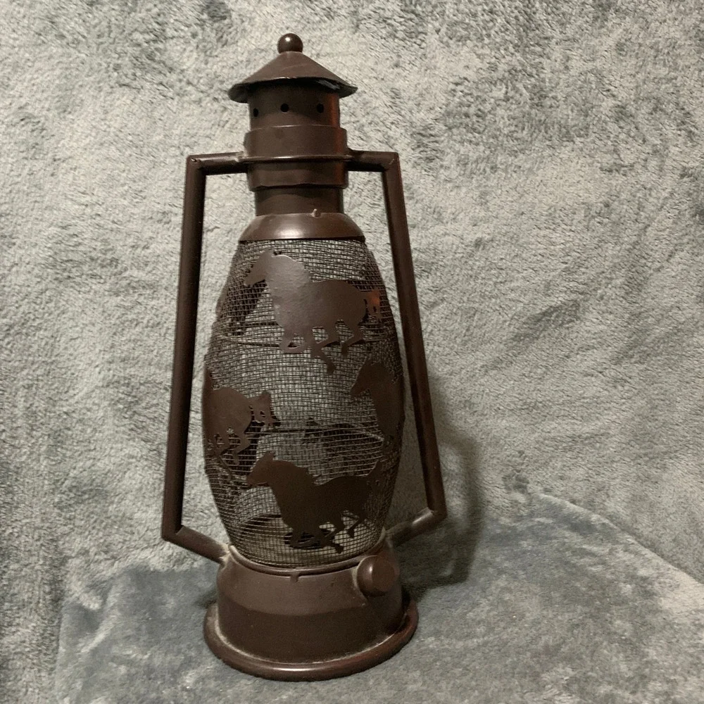 Rustic Brown Metal Horse Silhouette Mesh Hurricane Lantern Western Decor Flaw